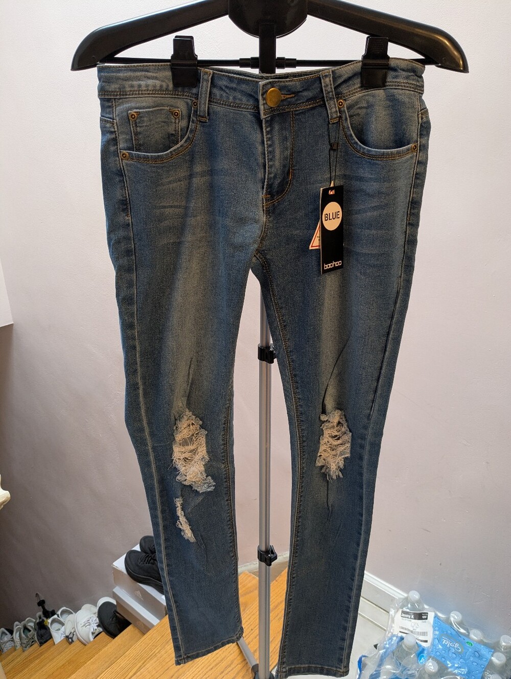 Blue Boohoo Loren Distressed Rip Knee Skinny Jeans Size 6
